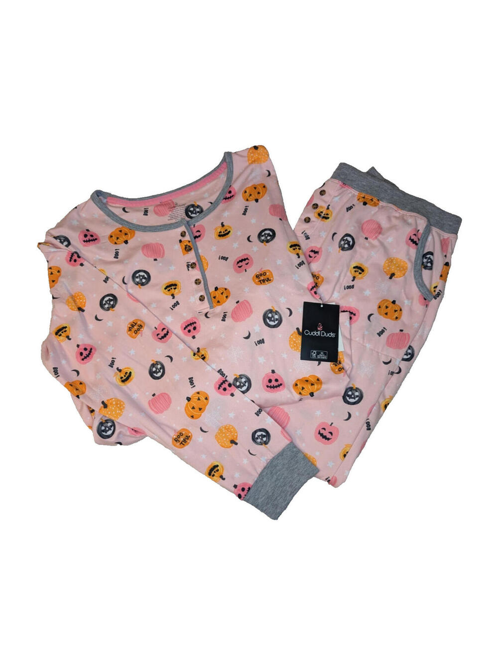 Cuddl Duds L Women's Halloween Pajama Set Polyester Pink Pumpkin/Boo Print
